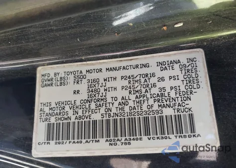 2002 Toyota Tundra z USA, uszkodzony, nr VIN 5TBJN32182S232593